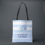 Floral forget me not custom text & name wedding tote bag<br><div class="desc">Modern floral wedding bag. Forget me not flowers on blue and white stripes.
Custom text,  mother of the bride at the front,  personal name at the back.
You can easily change the text at the front and the name at the back.</div>