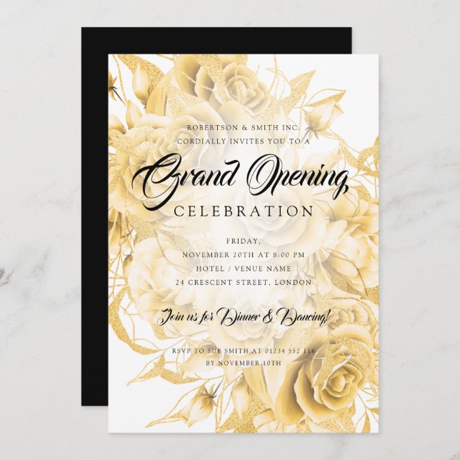 Floral Formal Corporate Grand Opening Gold  Invitation (Front/Back)