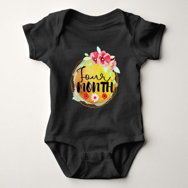 Floral Four Month Old Baby Milestone Label Baby Bodysuit (Front)