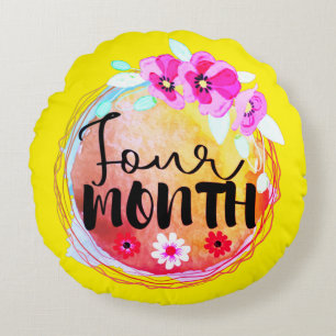 Floral Four Month Old Baby Milestone Label Round Cushion