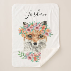 Floral Fox   Add Your Name Sherpa Blanket