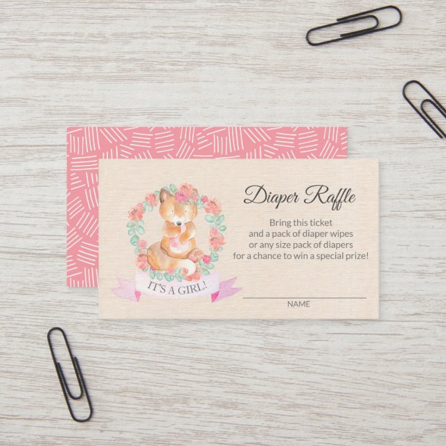 Floral Fox Baby Shower Diaper Raffle Ticket (Front/Back In Situ)