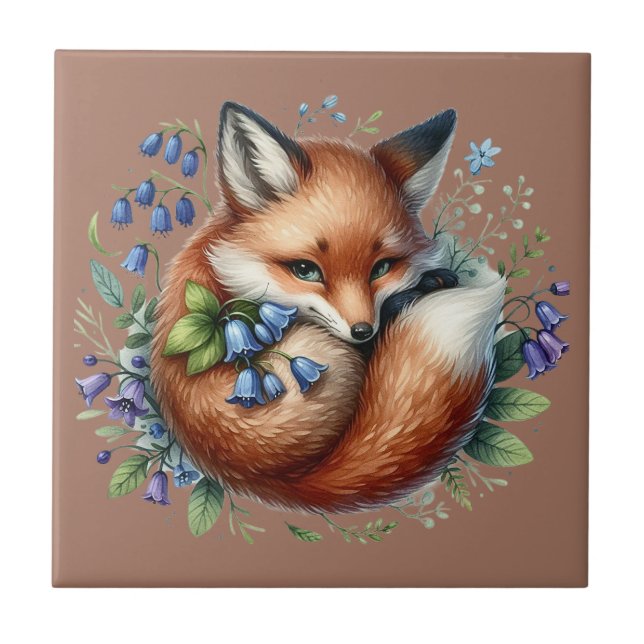 Floral Fox Botanical Woodland Art Ceramic Tile (Front)