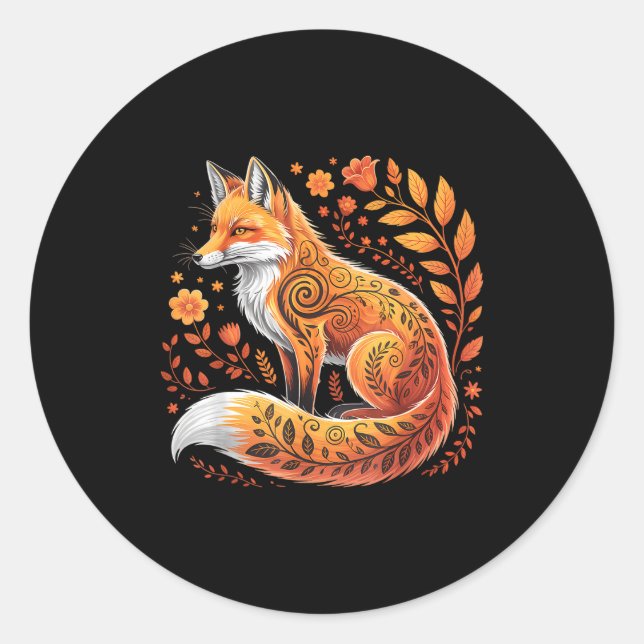Floral Fox Flowers Art Fox In Autumn - Fall Fox  Classic Round Sticker (Front)