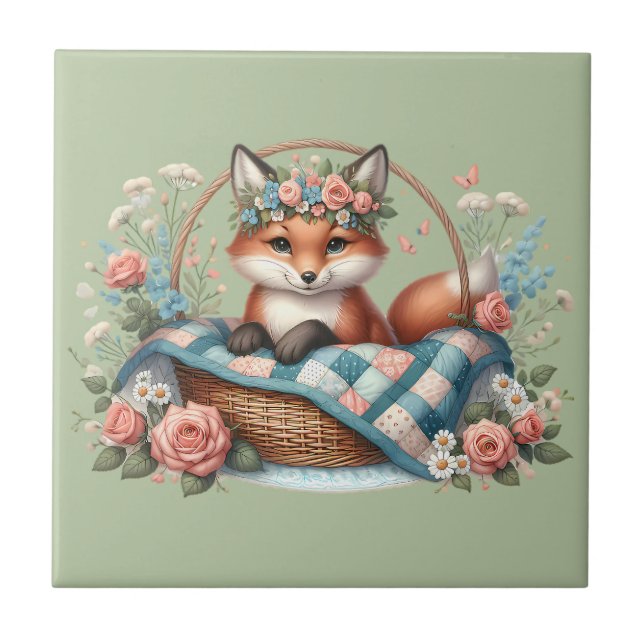 Floral Fox in Basket with Quilt & Flowers Ceramic Tile (Front)