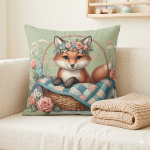 Floral Fox in Basket with Quilt & Flowers Cushion