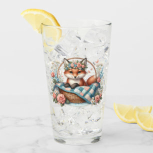 Floral Fox in Basket with Quilt & Flowers Glass