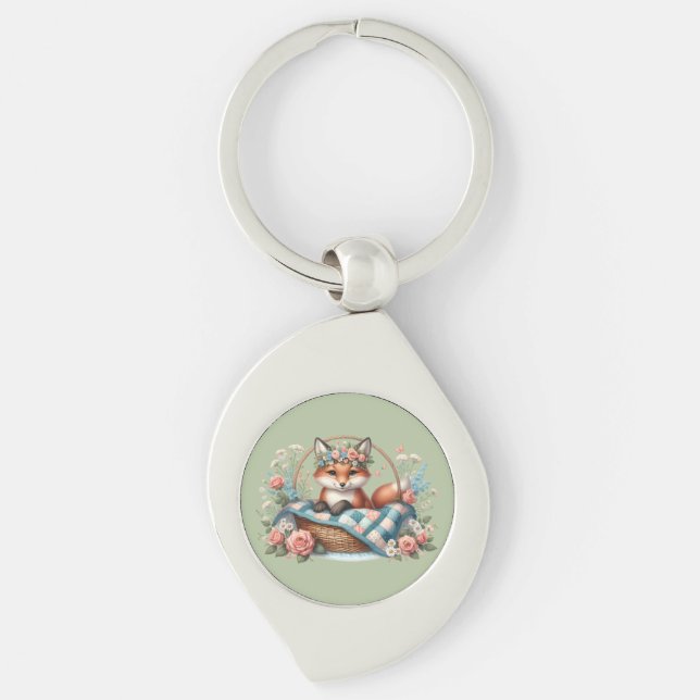 Floral Fox in Basket with Quilt & Flowers Key Ring (Front)