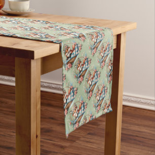 Floral Fox in Basket with Quilt & Flowers Short Table Runner