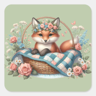 Floral Fox in Basket with Quilt & Flowers Square Sticker
