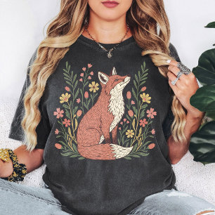 Floral Fox Sitting Art T-Shirt