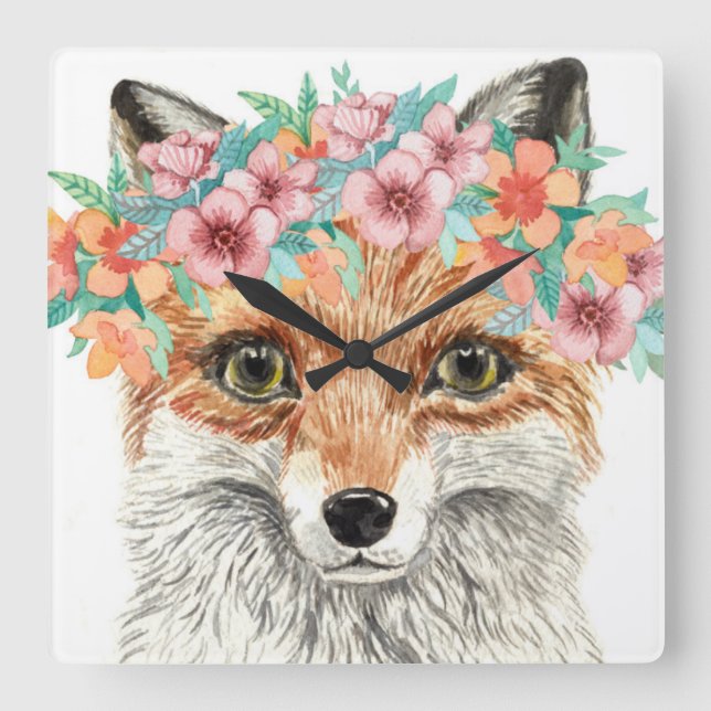 Floral Fox Square Wall Clock (Front)