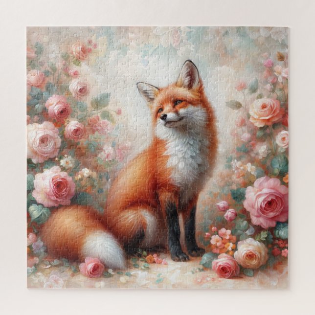 Floral Fox Whimsy – Red Fox in Rose Garden Puzzle (Vertical)