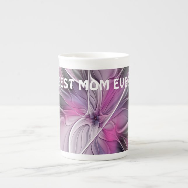 Floral Fractal Abstract Flower Pink Grey Best Mum  Bone China Mug (Front)