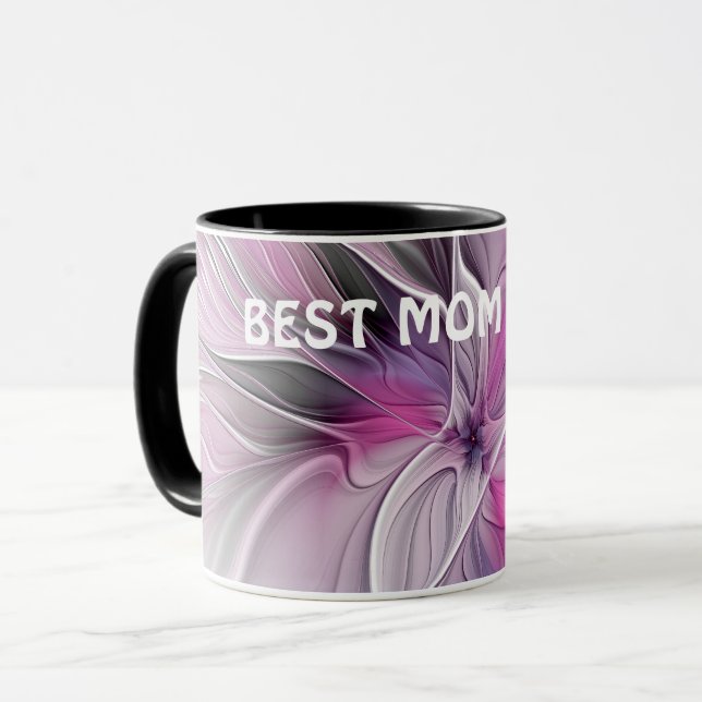 Floral Fractal Abstract Flower Pink Grey Best Mum  Mug (Front Left)