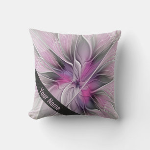 Floral Fractal Abstract Flower Pink Grey Own Name Cushion
