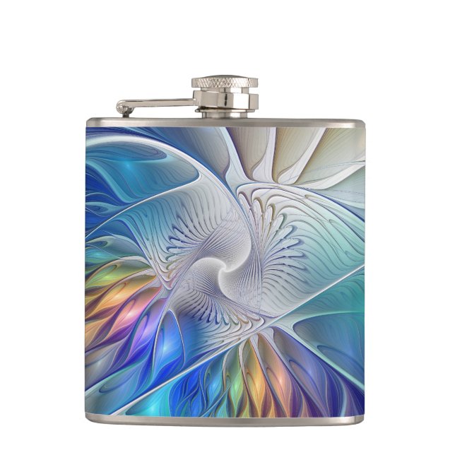 Floral Fractal Art, Colourful Abstract Flower Hip Flask (Front)