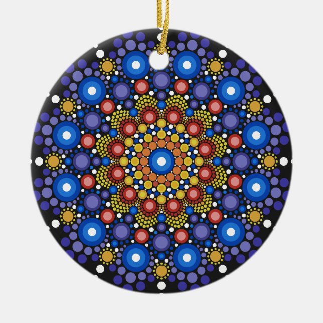 Floral Fractal Art Dotted Retro Mandala Ceramic Ornament (Front)