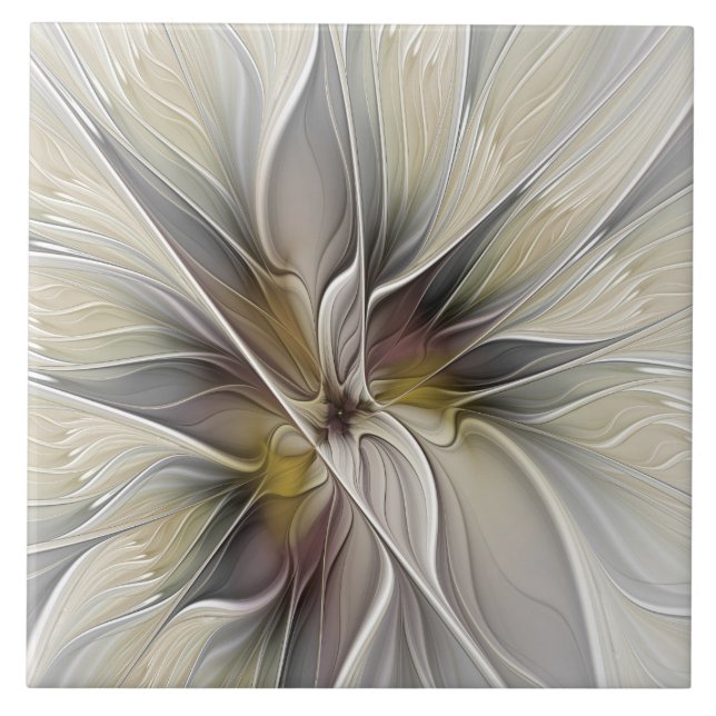 Floral Fractal, Fantasy Flower with Earth Colours Ceramic Tile (Front)