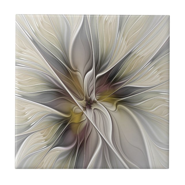 Floral Fractal, Fantasy Flower with Earth Colours Ceramic Tile (Front)