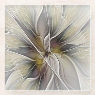 Floral Fractal, Fantasy Flower with Earth Colours Glass Coaster
