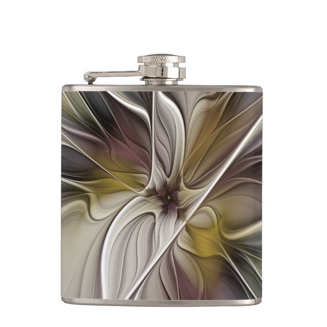 Floral Fractal, Fantasy Flower with Earth Colours Hip Flask (Front)