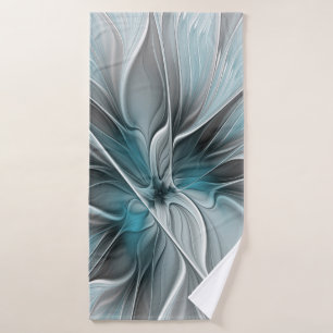 Floral Fractal Modern Abstract Flower Blue Gray Bath Towel