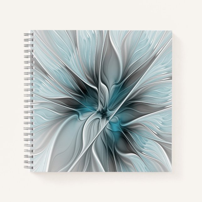 Floral Fractal Modern Abstract Flower Blue Gray Notebook (Front)