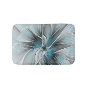 Floral Fractal Modern Abstract Flower Blue Grey Bath Mat