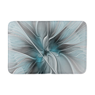 Floral Fractal Modern Abstract Flower Blue Grey Bath Mat
