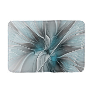Floral Fractal Modern Abstract Flower Blue Grey Bath Mat