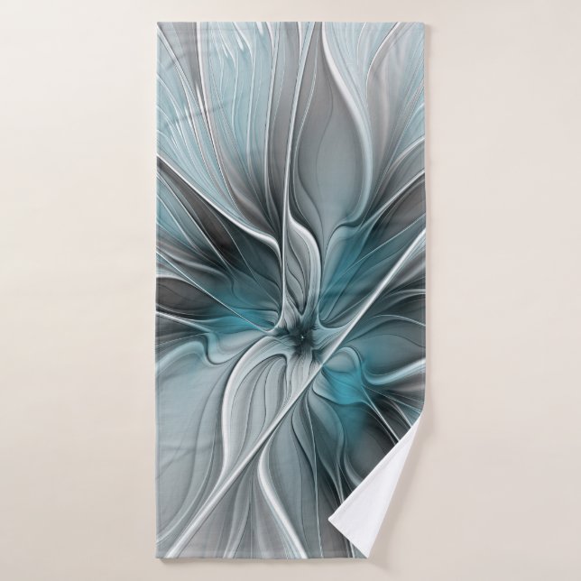 Floral Fractal Modern Abstract Flower Blue Grey Bath Towel (Bath Towel)