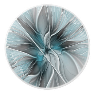 Floral Fractal Modern Abstract Flower Blue Grey Ceramic Knob