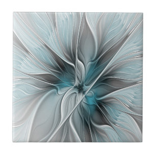 Floral Fractal Modern Abstract Flower Blue Grey Ceramic Tile