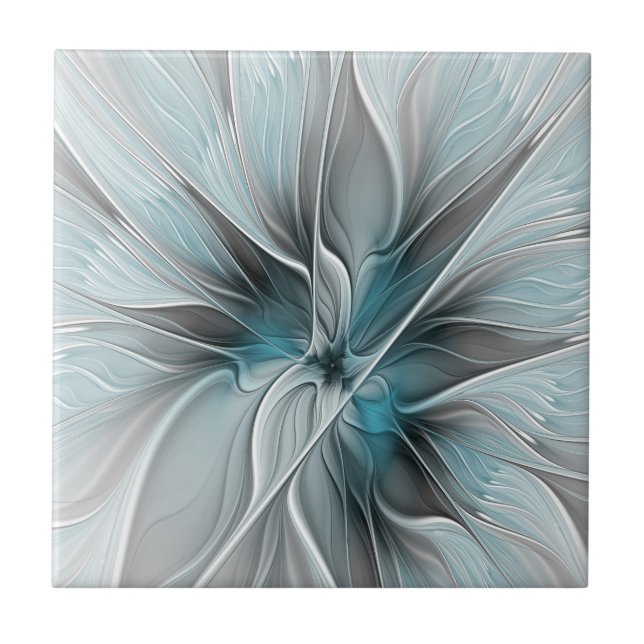 Floral Fractal Modern Abstract Flower Blue Grey Ceramic Tile (Front)