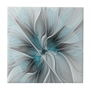 Floral Fractal Modern Abstract Flower Blue Grey Ceramic Tile