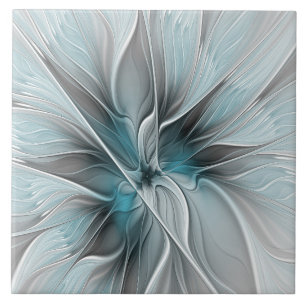 Floral Fractal Modern Abstract Flower Blue Grey Ceramic Tile