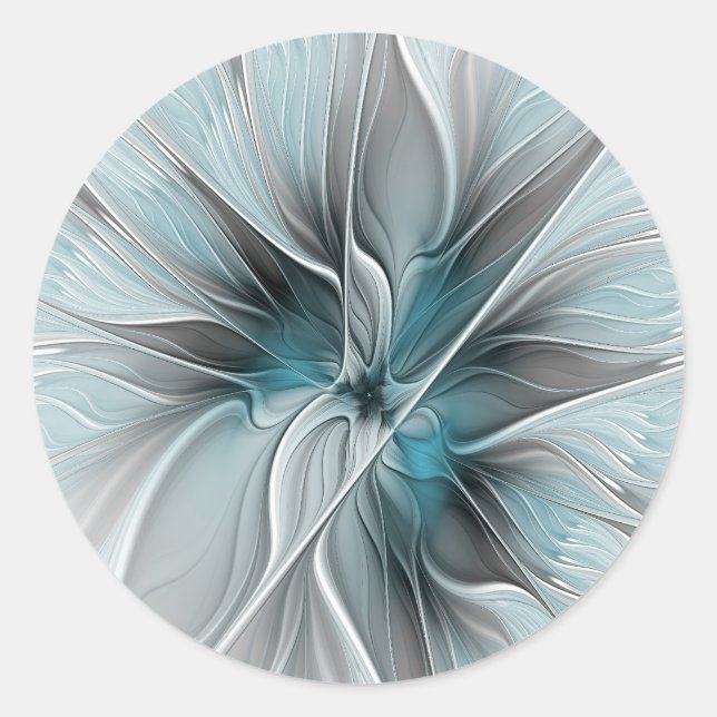 Floral Fractal Modern Abstract Flower Blue Grey Classic Round Sticker (Front)