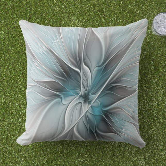 Floral Fractal Modern Abstract Flower Blue Grey Cushion (Grass)