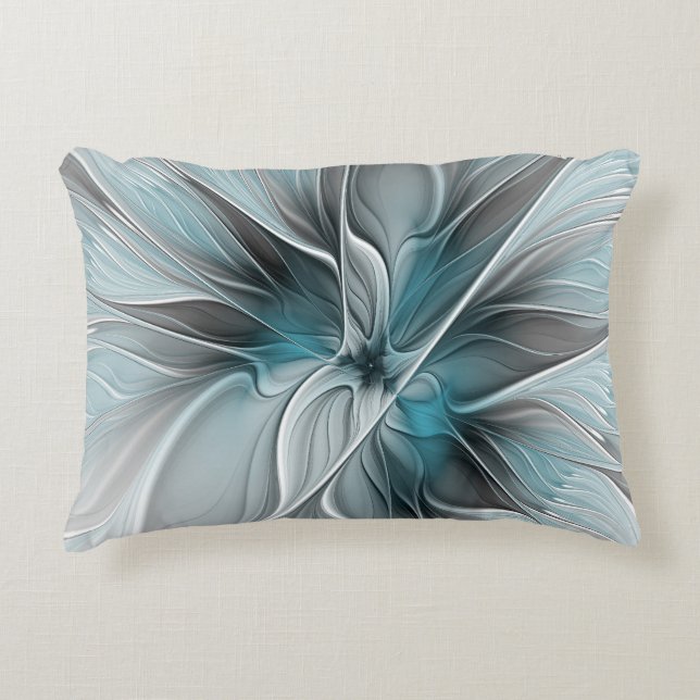 Floral Fractal Modern Abstract Flower Blue Grey Decorative Cushion (Front)