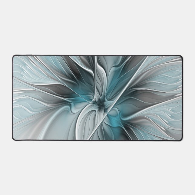 Floral Fractal Modern Abstract Flower Blue Grey Desk Mat (Front)