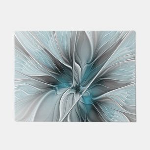 Floral Fractal Modern Abstract Flower Blue Grey Doormat