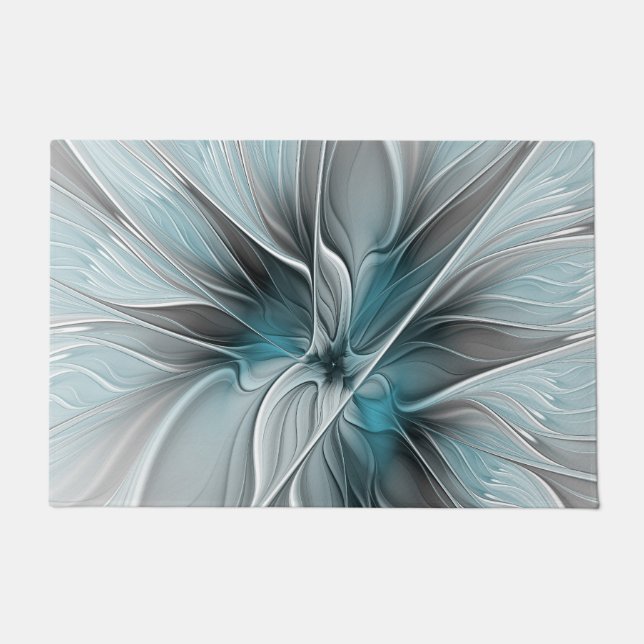 Floral Fractal Modern Abstract Flower Blue Grey Doormat (Front)