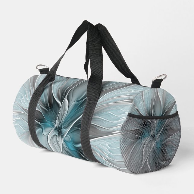 Floral Fractal Modern Abstract Flower Blue Grey Duffle Bag (Right Corner)