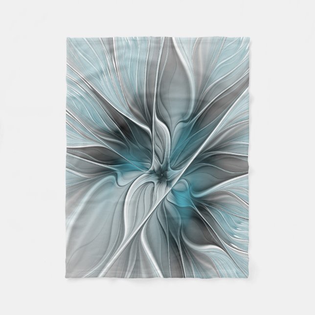 Floral Fractal Modern Abstract Flower Blue Grey Fleece Blanket (Front)