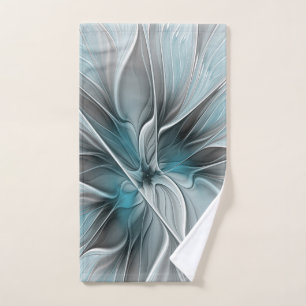 Floral Fractal Modern Abstract Flower Blue Grey Hand Towel