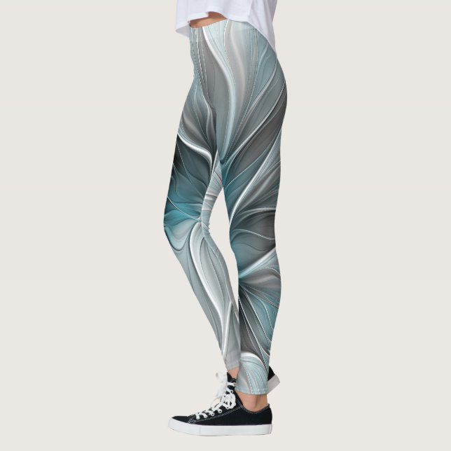 Floral Fractal Modern Abstract Flower Blue Grey Leggings (Left)