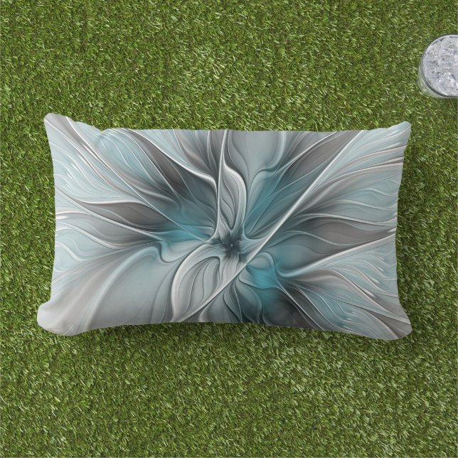 Floral Fractal Modern Abstract Flower Blue Grey Lumbar Cushion (Grass)