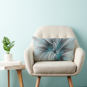 Floral Fractal Modern Abstract Flower Blue Grey Lumbar Cushion