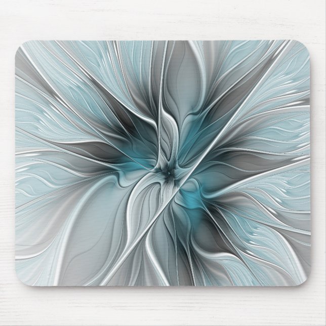 Floral Fractal Modern Abstract Flower Blue Grey Mouse Pad (Front)